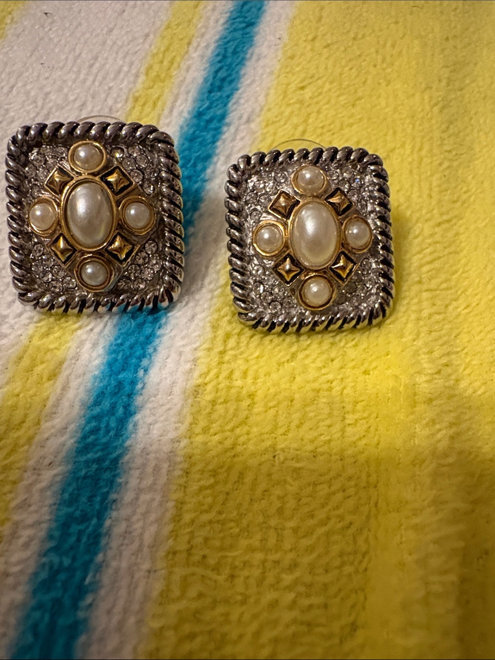 Elegant Pearl and Crystal Square Clip-On Earrings - Silver & Gold Tone